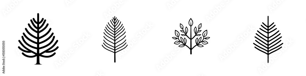 Poster four distinct black icons representing various tree shapes and styles suitable for nature-themed des