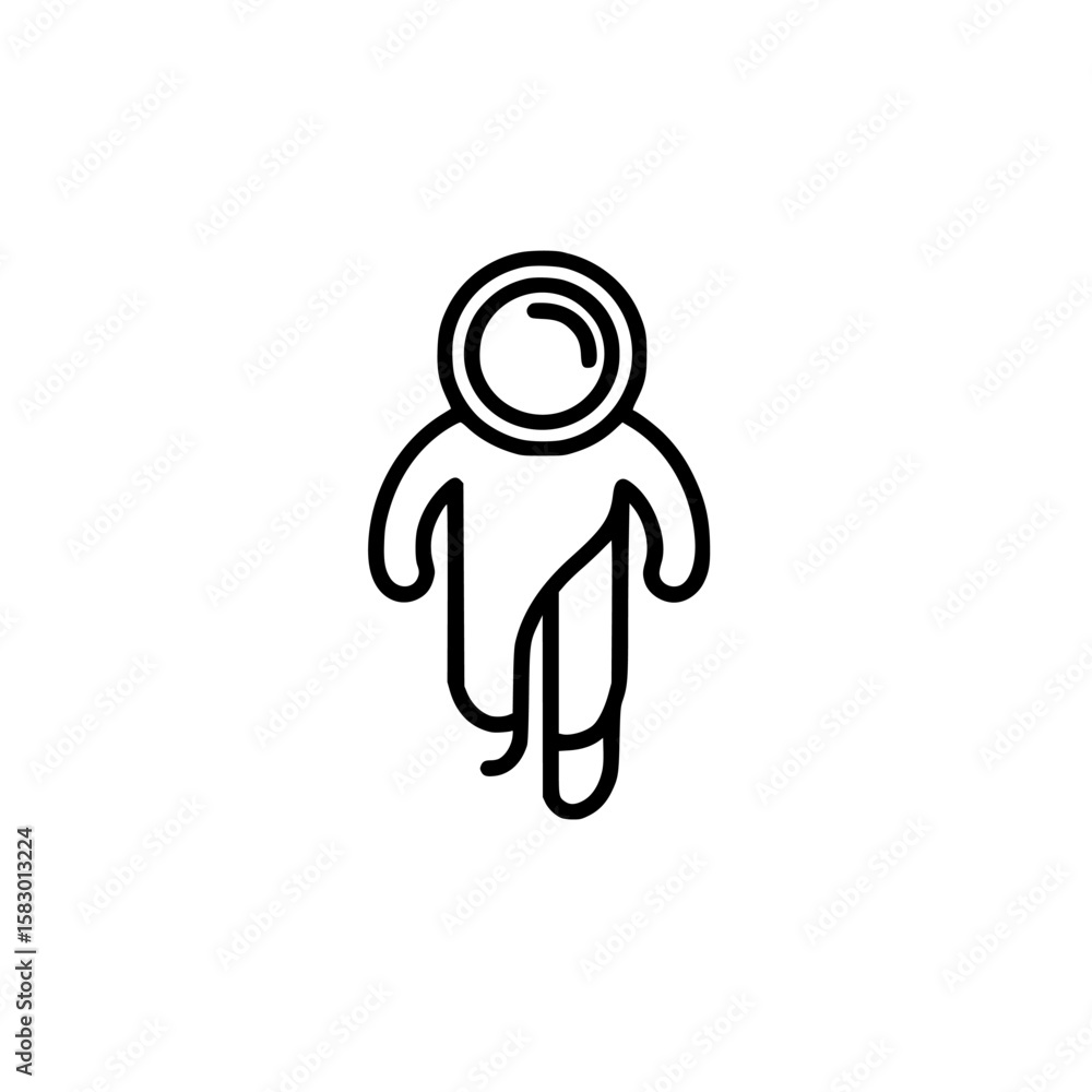 Poster icon of a walking astronaut in a minimalist black design with a simple outline and circular helmet f