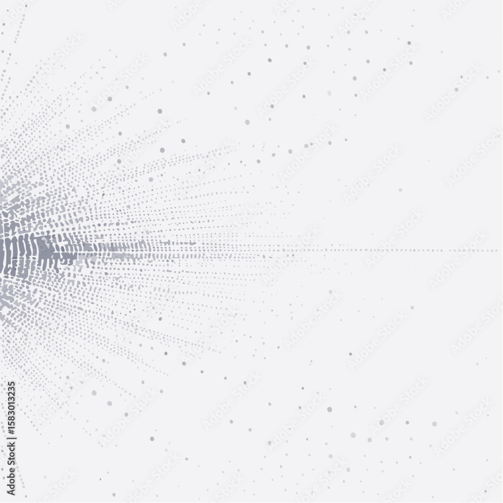 Poster abstract grey particles radiating outwards, creating a dynamic, energetic visual effect on a light b