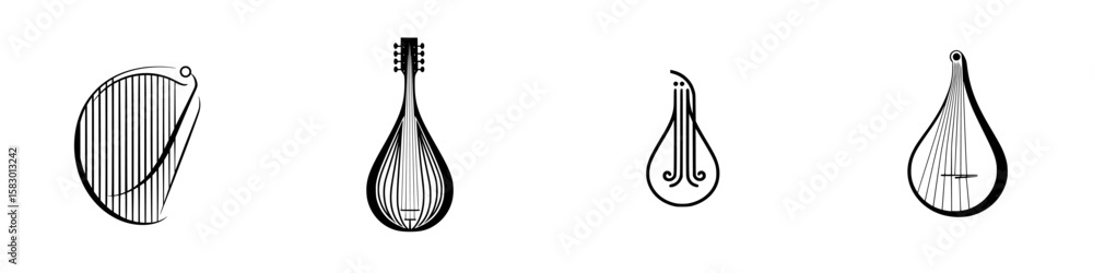 Poster various black icons representing string instruments displayed in a row against a simple background