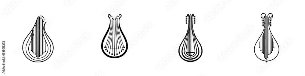 Poster black icon designs representing various string instruments with intricate line details suitable for 