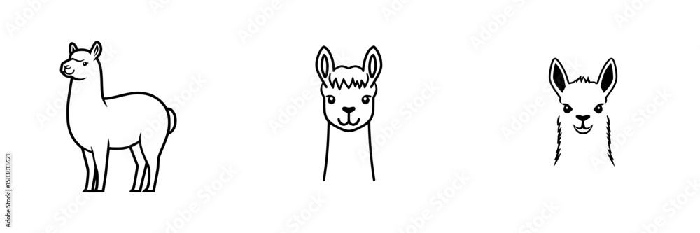 Poster stylized black icons representing llamas in various poses and expressions for creative design use