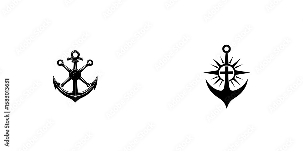 Poster design featuring black nautical icons representing anchors with varied symbols and styles suitable f