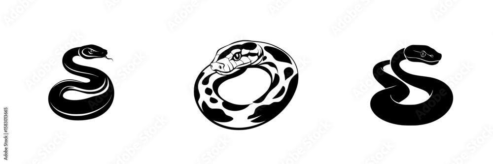 Poster unique black snake icons showcasing different styles and designs for graphic use and branding opport
