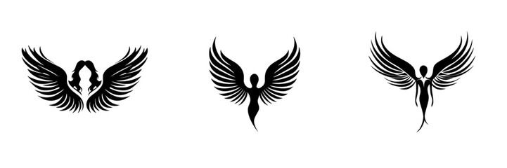 Obraz premium Various black winged icons depicting different figures and poses with stylized designs