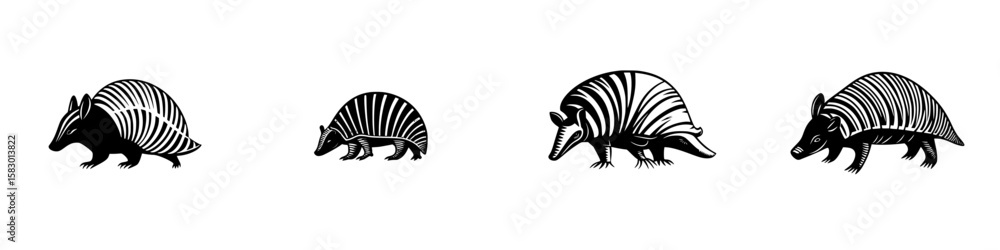 Poster black icons depicting various armadillo species showcasing unique patterns and sizes in a minimalist