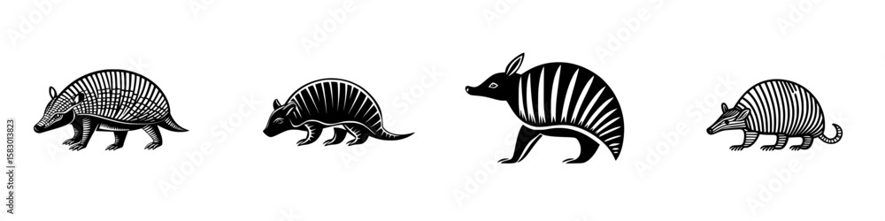 Poster black icon featuring various stylized armadillo designs arranged in a row with distinct patterns