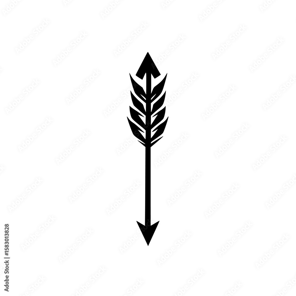 Poster black arrow icon featuring stylized design with a pointed tip and feathered ends for use in various 