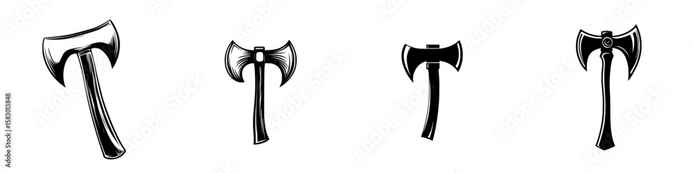 Poster black icon depicting various designs of axes arranged in a row showcasing their shapes and styles