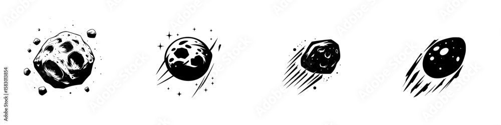 Poster black icon depicting various asteroid shapes with motion effects in space setting