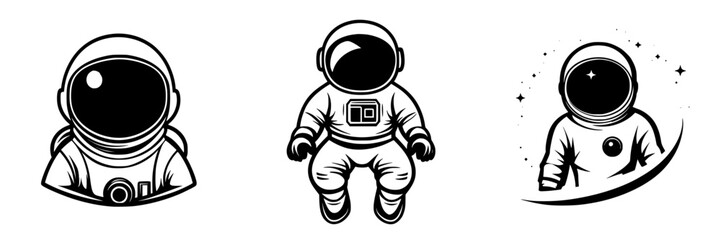 Black icons of astronauts showcasing space exploration themes with distinct designs and features