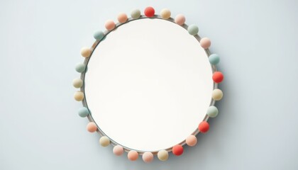 Round mirror with colorful pom poms on a pale blue wall