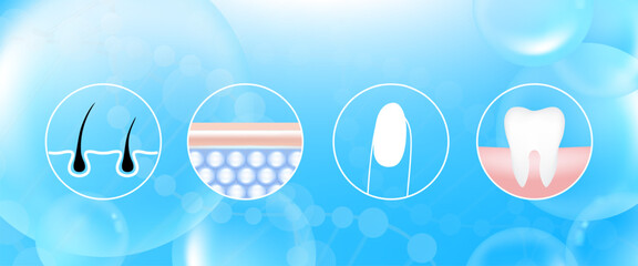 Hyaluronic acid hair, teeth, nails, skin solutions ad, blue collagen serum drop with cosmetic advertising background ready to use, illustration vector.	