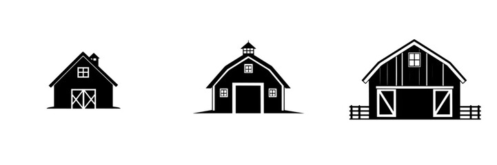 Collection of black icons depicting various barn designs showcasing traditional architectural styles commonly found in rural areas
