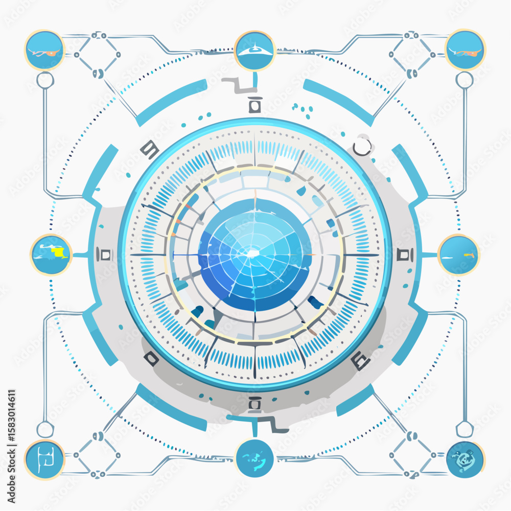 Poster abstract technological circular diagram with interconnected nodes and data flow visualization.
