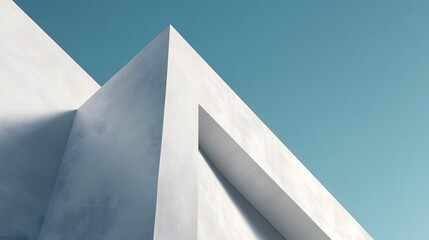 Minimalist white architecture against sky, Modern geometric building exterior, Clean lines and blue sky, Abstract architectural form with light