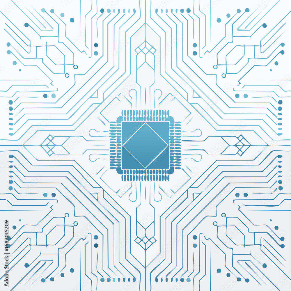 Poster abstract illustration of a blue circuit board with a central processor unit on a white background.