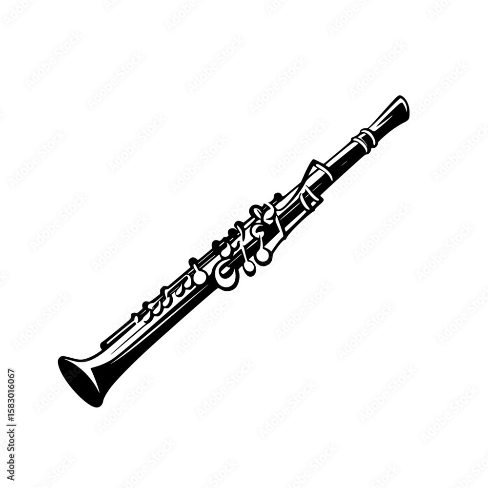 Poster black icon of a woodwind instrument displayed on a plain background in a minimalist design suitable 