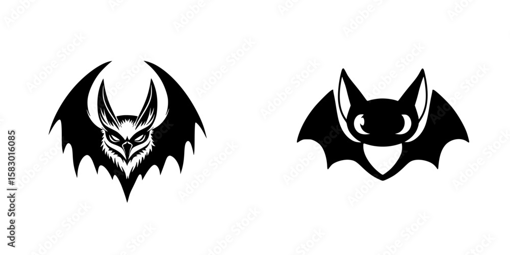 Poster black icon design featuring two bat illustrations showcasing different styles and expressions for ar