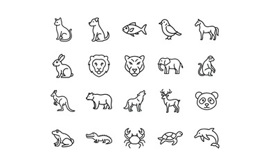 Collection of Animal Icons in Black Outline Style.