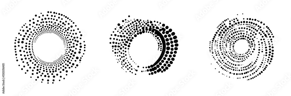 Poster abstract black icons depicting circular patterns formed by dots in a smooth arrangement, suitable fo