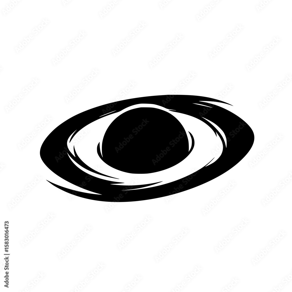 Poster circular black icon representing a simplified planet with rings, suitable for various design applica