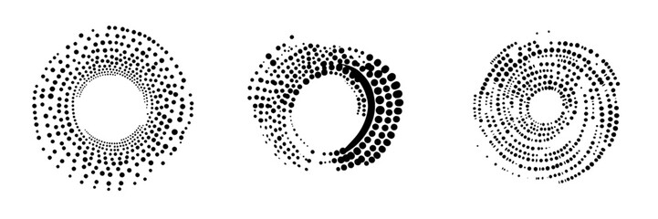 Abstract black icons depicting circular patterns formed by dots in a smooth arrangement, suitable for graphic design purposes or visual art projects