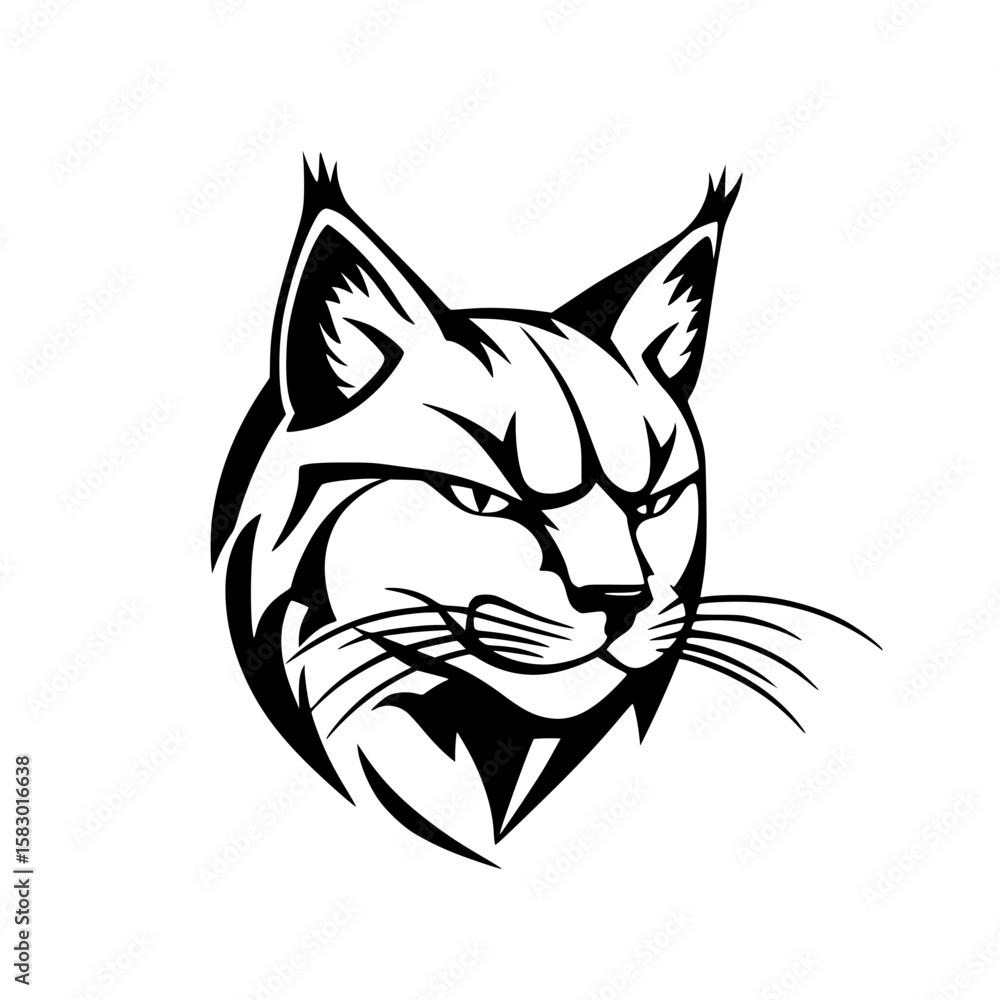Poster black icon of a lynx head showcasing its sharp features and fierce expression in a minimalistic desi