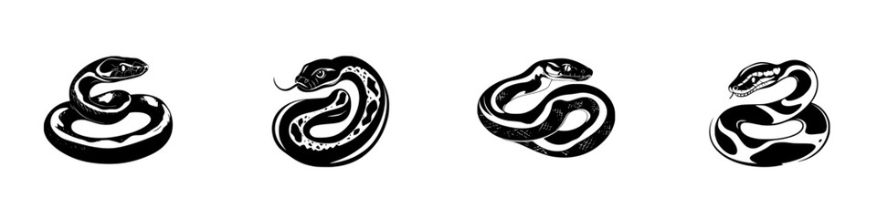 Fototapeta premium Iconic black snake illustrations displaying various forms and postures in a minimalist style