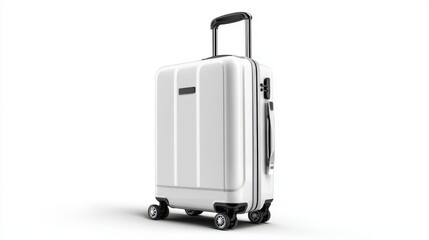 A 4K photo of white carry-on suitcase on wheels, isolated on white background.