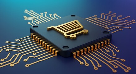 E-Commerce Facilitating Online Transactions Illustrated on a Processor,Golden shopping cart embedded in a glowing tech microchip, representing