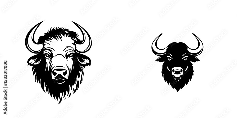 Poster artistic rendering of black buffalo icons showcasing distinct designs and expressions in a minimalis