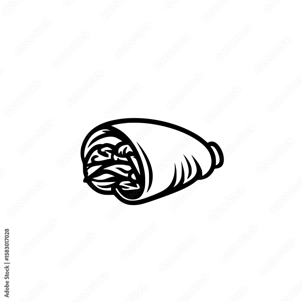 Poster black icon representing a wrapped food item with fillings, showcasing a simple yet recognizable desi