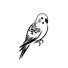 Minimalist black icon of a parakeet perched on a branch against a white background, suitable for various design purposes