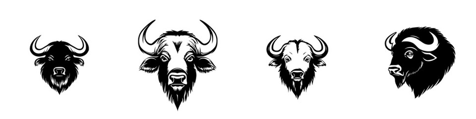 Different black bull icons showcasing various head designs in a minimalist style