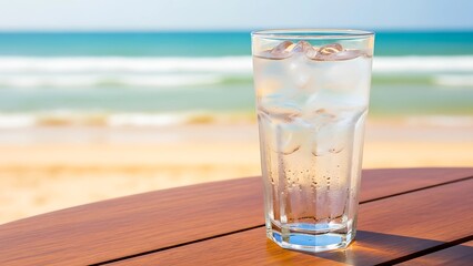 Refreshing glass of ice water on a wooden table by the beach, with ocean waves in the background. Perfect tropical hydration captured in natural daylight.