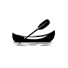 Paddle in a black canoe gliding over calm water in a serene outdoor setting at dusk