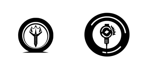 Unique black icon designs featuring a screw and a tool against a clean background to emphasize creativity and craftsmanship