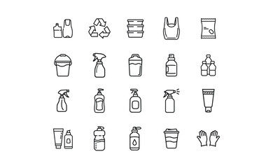 Collection of Black and White Outline Icons Representing Various Plastic Items.