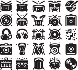 Black and white icon set for drum music
