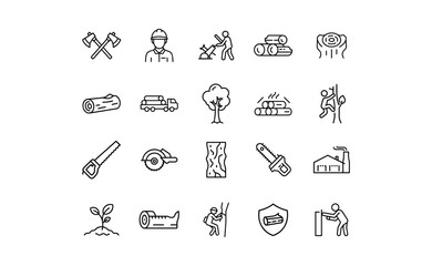 Forestry and Woodworking Icon Set in Line Art.