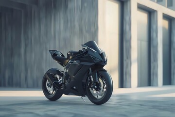 A sleek, matte black sportbike parked on a modern concrete plaza under soft natural light, showcasing its aggressive yet elegant design. High attention to detail with realistic textures, shadows, and 