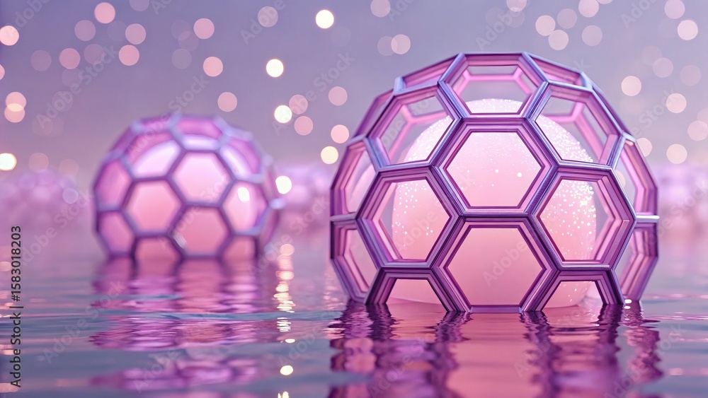 Poster abstract geometric spheres with glowing particles float on a shimmering water surface