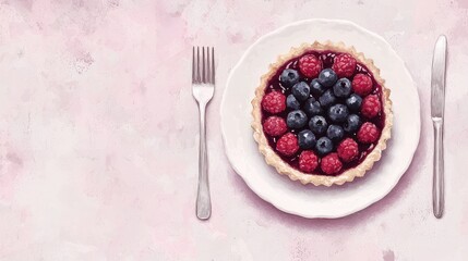 A berry tart with raspberries and blueberries on a white plate, accompanied by a fork and knife, set on a pink textured background.