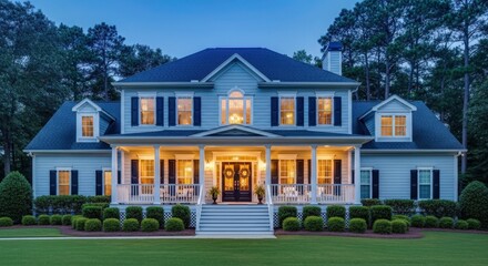 Obraz premium Elegant Suburban Home with Inviting Porch at Dusk, American Dream Home with Manicured Lawn and Warm Interior Lighting