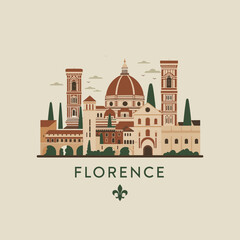 Stylized vector skyline of Florence with cathedral, towers, domes and cypress trees. Elegant Italian city travel illustration