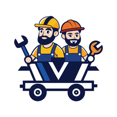 Two cartoon construction workers with tools in a mine cart