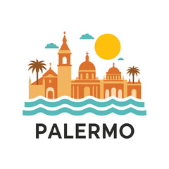 Colorful vector illustration of Palermo with domes, sea waves, palm trees and sun. Coastal Italian travel destination