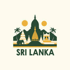 Vector illustration of Sri Lanka with temples, elephant, palms, mountains, and sun. Cultural travel concept in flat graphic style