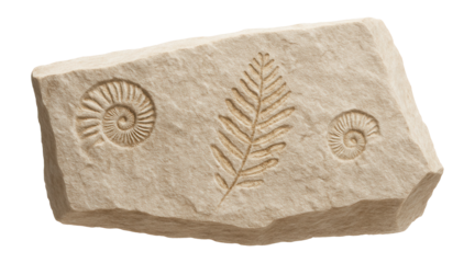 Angular limestone rock featuring fossil imprints and pale beige hue